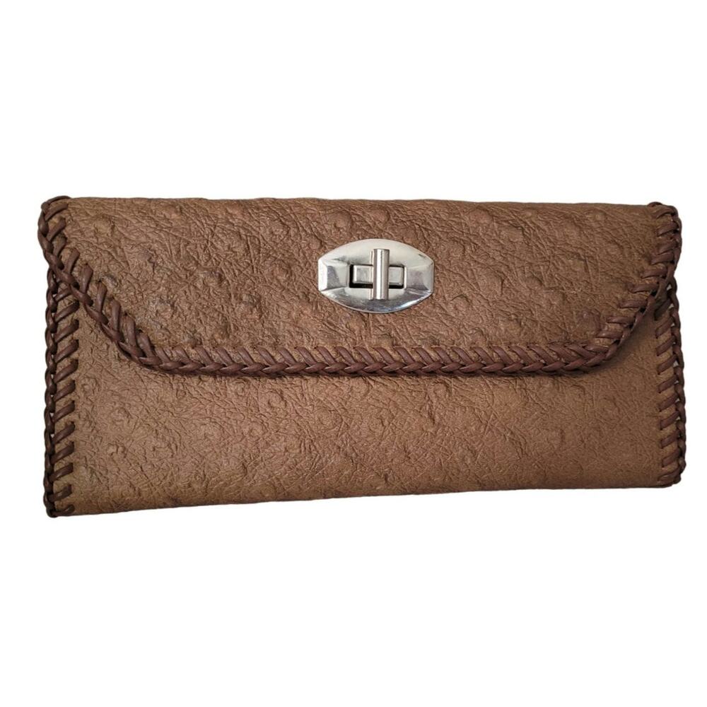 Leather Suede Trifold Wallet Side Stitch Ostrich Woven Edge